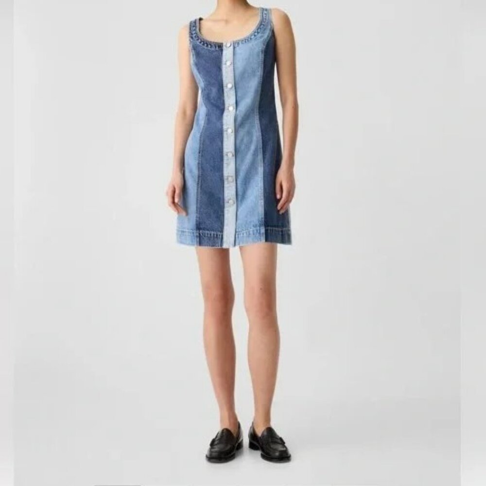 Retro Denim patchwork panel Shift Button front A-line Mini Dress